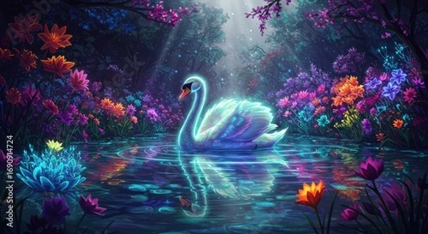 Fototapeta Serene White Swan in a Magical Pixel Art Garden with Vibrant Flowers and Glowing Water Reflection at Night