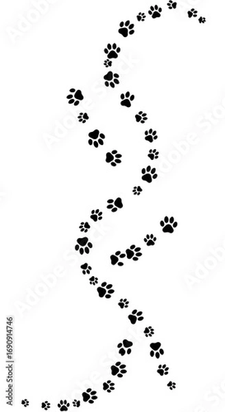 Fototapeta Spiral Trail of Black Paw Prints on White Background Pet Paw Steps Design Element Graphic Illustration