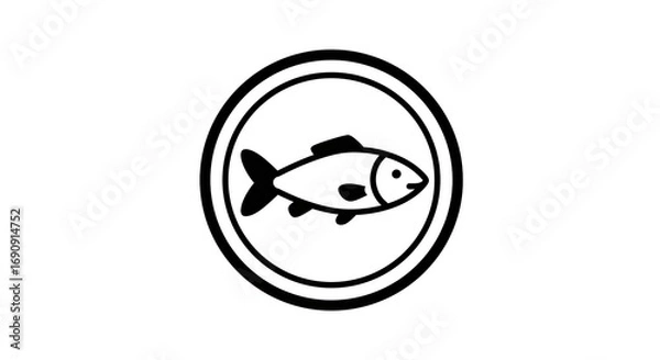 Fototapeta Simple Line Drawing of a Fish Inside a Circle on White Background: A Minimalist Black and White Illustration