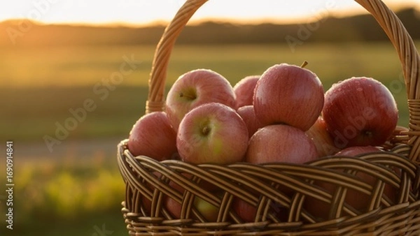 Fototapeta Freshly picked apples glistening with dew in a rustic wicker basket at sunset, inviting autumn harvest festivals and delicious pies, perfect for fall baking promotions