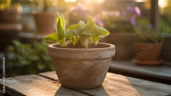 Fototapeta Sunlit sprouting bulbs in terracotta pot on rustic wood table create a warm, natural feeling perfect for garden blogs, spring gardening promotions, and eco-friendly lifestyle content