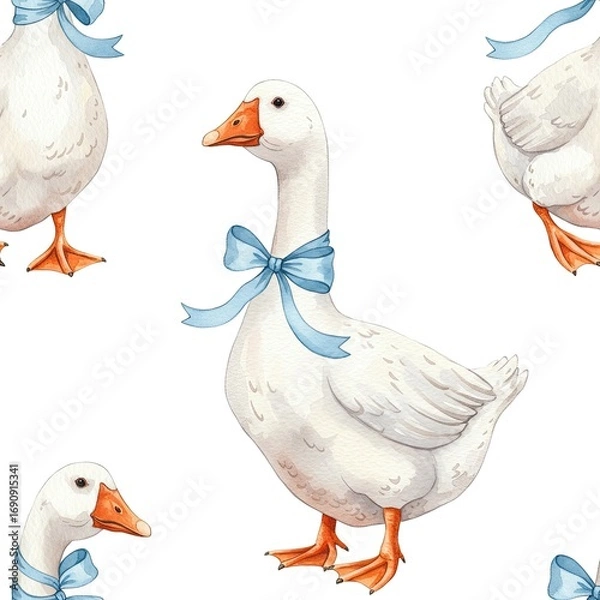 Fototapeta Watercolor Painting of White Geese with Light Blue Bows on White Background Seamless Pattern Illustration for Textile Fabric Design