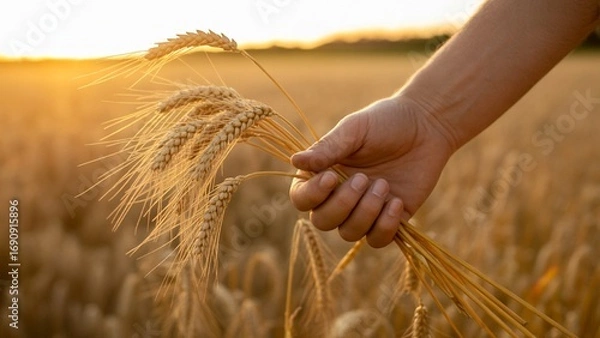 Fototapeta Golden hour in the wheat field as a farmer lovingly holds harvested wheat, symbolizing abundance and the beauty of nature's bounty, ideal for agriculture and food related projects