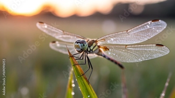 Fototapeta Stunning close-up of a dew-kissed dragonfly resting peacefully on a blade of grass at dawn, capturing the serene beauty of nature's intricate details, perfect for conservation campaigns