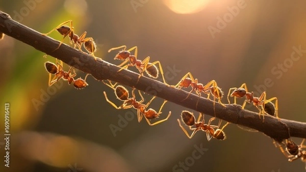 Fototapeta Intricate teamwork among red ants on a branch, demonstrating collaboration and perseverance in nature's delicate balance, bathed in warm, golden sunlight