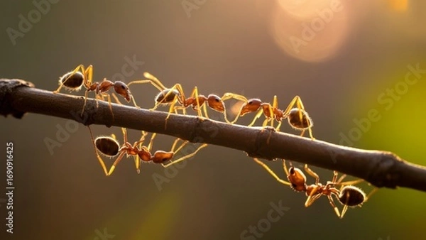 Fototapeta Teamwork makes the dream work as these ants collaborate on a branch, symbolizing unity, resilience, and the power of small actions in achieving big goals in a warm, golden light