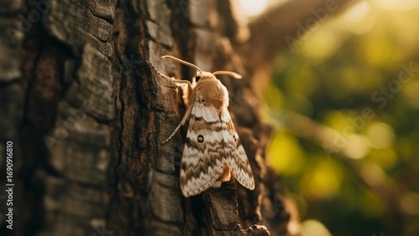 Fototapeta Marvel at the intricate patterns and textures of a stunning moth resting on a weathered tree trunk, bathed in the warm glow of golden hour sunlight, perfect for nature and wildlife projects