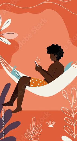 Fototapeta A person relaxes in a hammock, enjoying a tropical vacation while staying connected with their smartphone. Perfect for travel, leisure, or modern lifestyle themes.