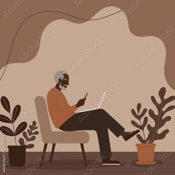 Fototapeta Elderly African American man comfortably uses a laptop and smartphone in a relaxed home setting. Represents modern seniors, digital connectivity, and remote work lifestyle.