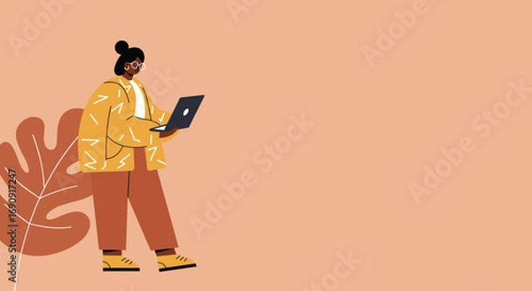 Fototapeta Modern illustration of a woman working remotely on a laptop, representing productivity, freelance work, and digital lifestyle. Plenty of copy space.