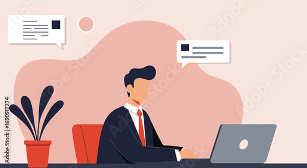 Fototapeta Professional businessman working on a laptop, engaged in online communication or virtual meetings from an office or home setting. Ideal for business, technology, or remote work concepts.