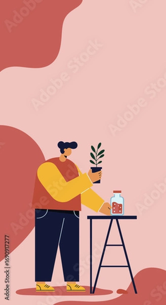 Fototapeta Person caring for a small potted plant, holding it next to a bottle on a table. Illustrates gardening, self-care, and home hobbies.