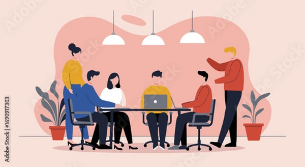Fototapeta Diverse team collaborating in a modern office meeting, discussing strategies and ideas for business growth and innovation. Ideal for corporate and professional concepts.
