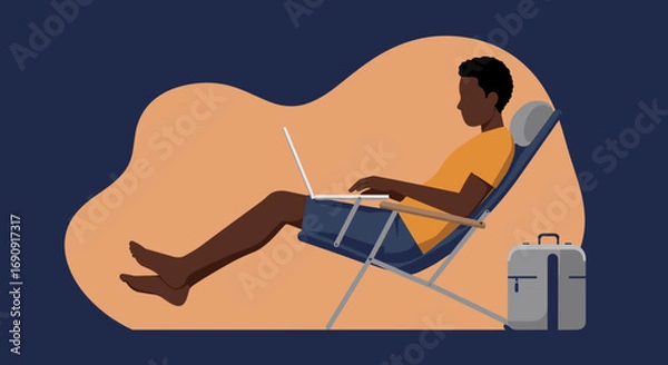 Fototapeta Young man relaxing in a reclined chair, working efficiently on his laptop, embodying remote work and a flexible modern lifestyle.