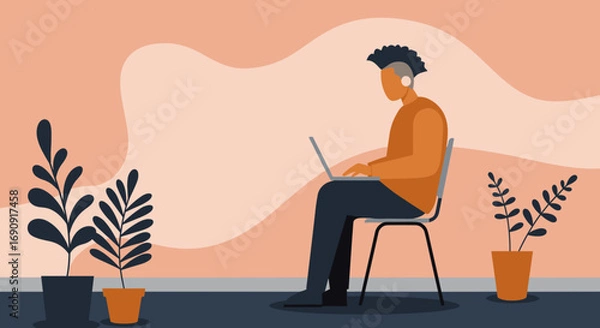 Fototapeta Person with unique hairstyle working on a laptop with headphones in a minimalist home office setting, surrounded by plants. Ideal for themes of remote work, productivity, and modern lifestyle.