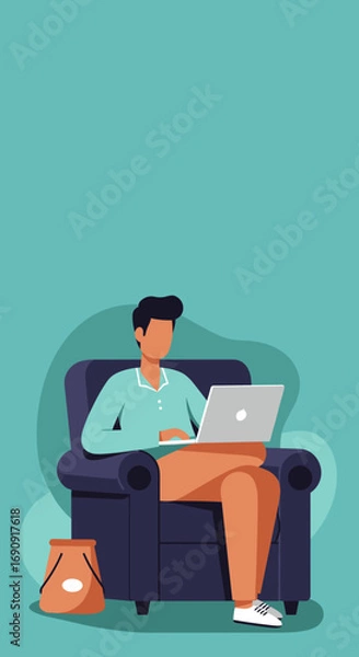Fototapeta Man focused on his laptop, working from home in a cozy armchair. Depicts remote work, online learning, or digital lifestyle.