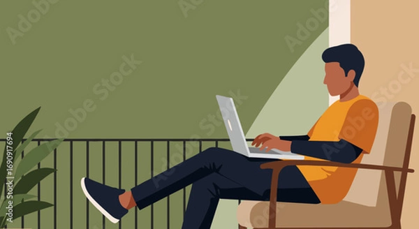 Fototapeta Relaxed man working on his laptop from a balcony or patio, embodying modern remote work and a flexible digital lifestyle.