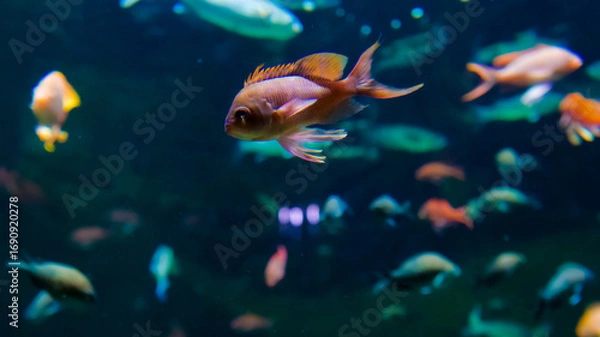 Fototapeta Various fish swim gracefully in a lively aquarium filled with colorful aquatic life, showcasing their unique patterns and vibrant hue during evening hours.
