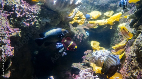 Fototapeta A variety of tropical fish swim gracefully around vibrant coral formations in a well-maintained aquarium, creating a lively underwater environment.