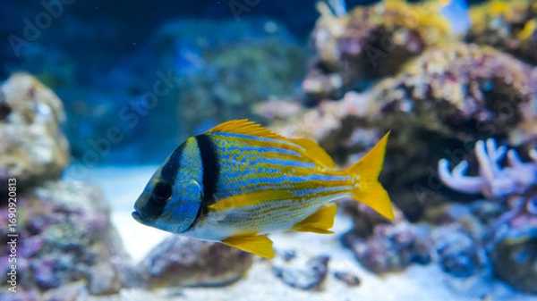 Fototapeta A vibrant fish with bold blue and orange stripes glides smoothly through the clear waters, surrounded by colorful corals and marine life in an underwater paradise.