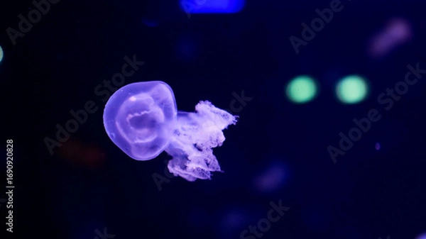 Fototapeta A jellyfish glides effortlessly through the water, its tentacles flowing gracefully. Colorful blue and green lights illuminate the aquarium, creating a serene atmosphere.