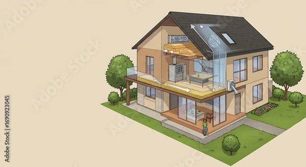 Fototapeta Conceptual diagram of a modern home featuring an energy-efficient ventilation system