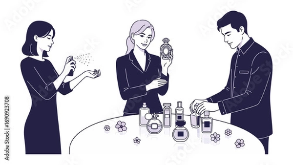 Fototapeta Elegant business people in dark suits examining luxury perfumes and fragrances displayed on a round table in a sophisticated setting