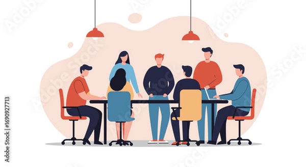 Fototapeta Diverse business team collaborating in a modern office meeting. Illustrates teamwork, communication, and strategy for corporate growth and success.