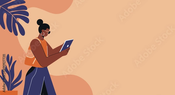Fototapeta Contemporary woman with a tablet, dressed casually, engaging with technology in a minimalist, plant-adorned setting. Ideal for lifestyle, education, or business concepts.