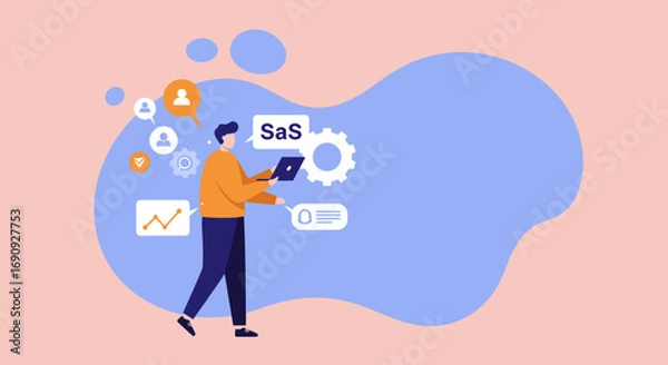 Fototapeta Man uses laptop for SaaS management, surrounded by icons. Depicts cloud computing, digital solutions, and online business efficiency.