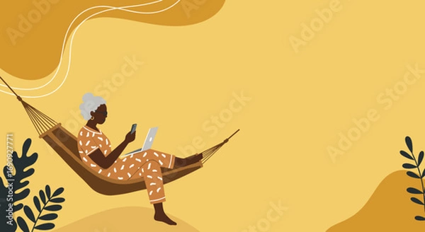 Fototapeta Mature woman relaxes in a hammock, using a smartphone and laptop. Represents modern lifestyle, flexible work, and digital connectivity, ideal for business, leisure, and travel themes.