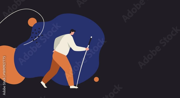 Fototapeta Visually impaired man walking with a white cane, navigating independently. Concept of accessibility, independence, and support for disabled people.