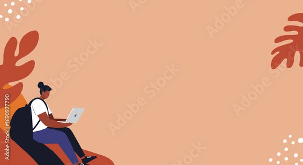 Fototapeta Stylish illustration of a person using a laptop, casually working or studying in a modern, abstract environment. Ideal for remote work, education, and digital lifestyle concepts.