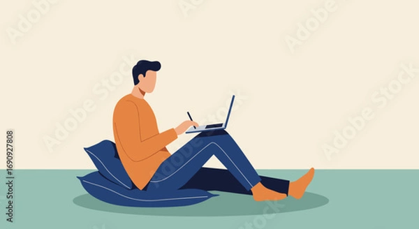 Fototapeta Man comfortably works from home using a laptop and stylus, illustrating remote work, freelance design, or online education in a relaxed setting.