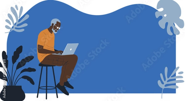 Fototapeta Senior Black man actively using a laptop on a stool, representing digital learning, remote work, or modern lifestyle. Copy space for text.