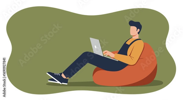 Fototapeta Man working comfortably on a laptop while relaxing on a bean bag. Ideal for remote work, freelance, flexible hours, and modern lifestyle concepts.