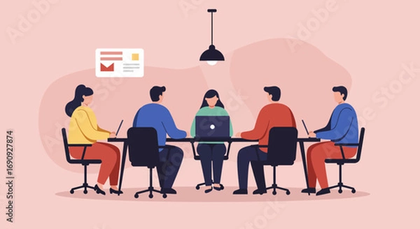 Fototapeta Diverse business team collaborating in an office meeting. Professionals discuss strategy, share ideas, and work together for corporate success and productivity.