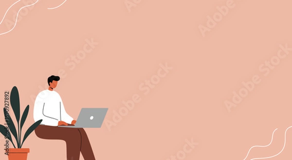 Fototapeta Modern illustration of a man focused on his laptop, embodying remote work, digital productivity, and online learning. Ideal for business and lifestyle themes.