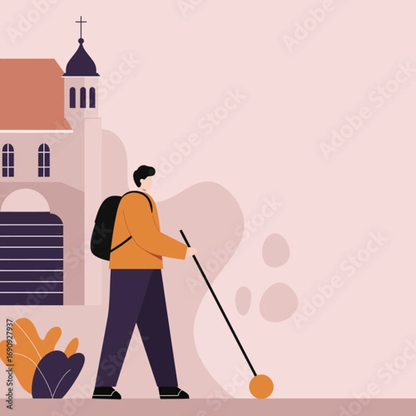 Fototapeta A determined traveler with a backpack and a white cane walks past a church, embodying independence and exploration. Ideal for themes of accessible travel, pilgrimage, or personal journeys.