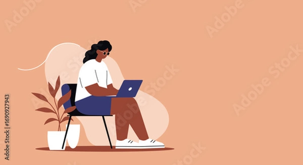 Fototapeta Focused young person remotely working on a laptop from home, embodying modern productivity, flexible work, and online learning. Ideal for business and lifestyle concepts.