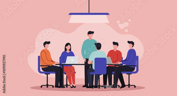 Fototapeta Professional business team collaborating in a modern office meeting, discussing strategies and ideas with laptops. Concept of teamwork, innovation, and corporate success.