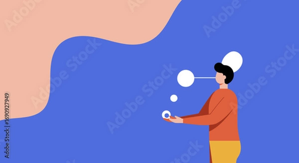 Fototapeta Minimalist illustration of a man contemplating ideas or managing data, symbolizing thought process, communication, or problem-solving. Ideal for business and technology concepts.