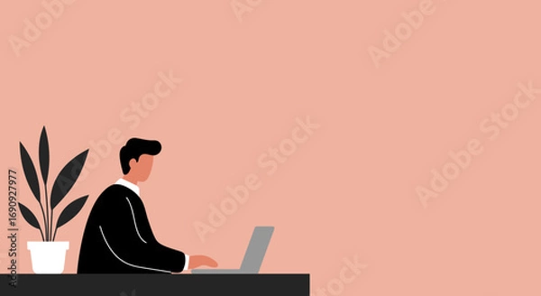 Fototapeta Professional man in a suit working on a laptop at a minimalist desk with a plant. Perfect for business, remote work, or modern office concepts.