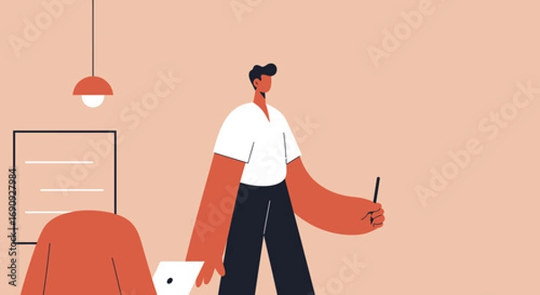 Fototapeta Professional illustration of colleagues collaborating in a modern workspace. One person presents with a stylus while another works on a laptop, depicting teamwork and innovation.