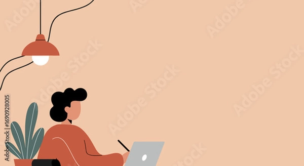 Fototapeta Creative individual working remotely on a laptop with a stylus, highlighting modern digital work, productivity, and flexible lifestyle.