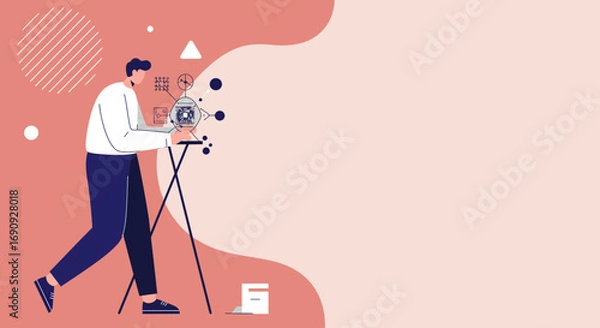 Fototapeta Young man focused on technological innovation, exploring microchips and data networks. Ideal for business, IT, research, and future tech concepts.