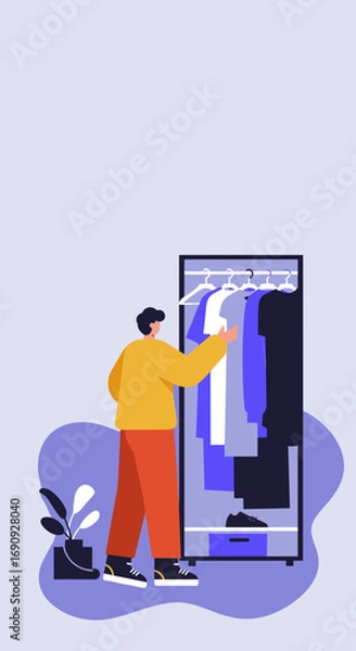 Fototapeta Person thoughtfully choosing an outfit from a modern wardrobe, representing daily fashion, personal style, and the lifestyle of making choices.