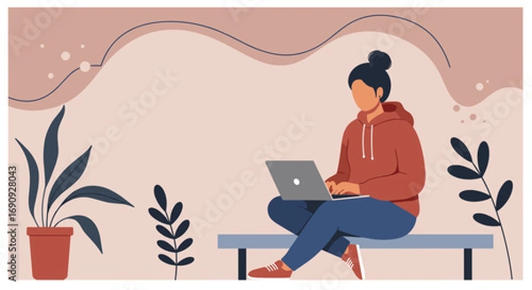 Fototapeta Young person in casual attire using a laptop, symbolizing remote work, online learning, or a modern digital lifestyle.
