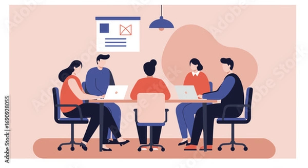 Fototapeta Diverse business team collaborating in an office meeting room, using laptops. Ideal for themes of teamwork, strategy, and project discussion.