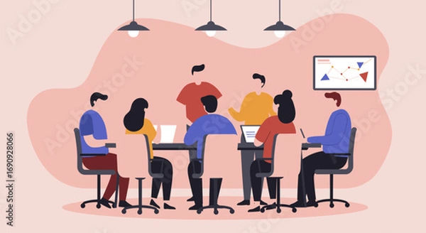 Fototapeta Diverse business team collaborating in a modern office meeting, discussing strategy and analyzing data. Ideal for corporate, project management, and success concepts.